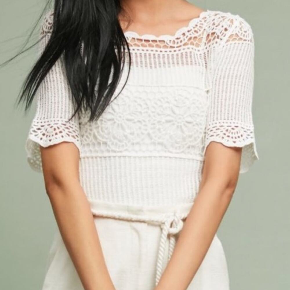 NWT Anthropologie James Coviello White Crochet Top Short Sleeve Boho Shabby Chic